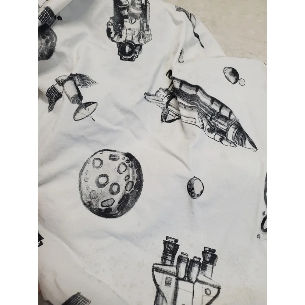 Pottery Barn Kids White Black Space Moon Astronaut Full‎ Flat Fitted Sheet Set